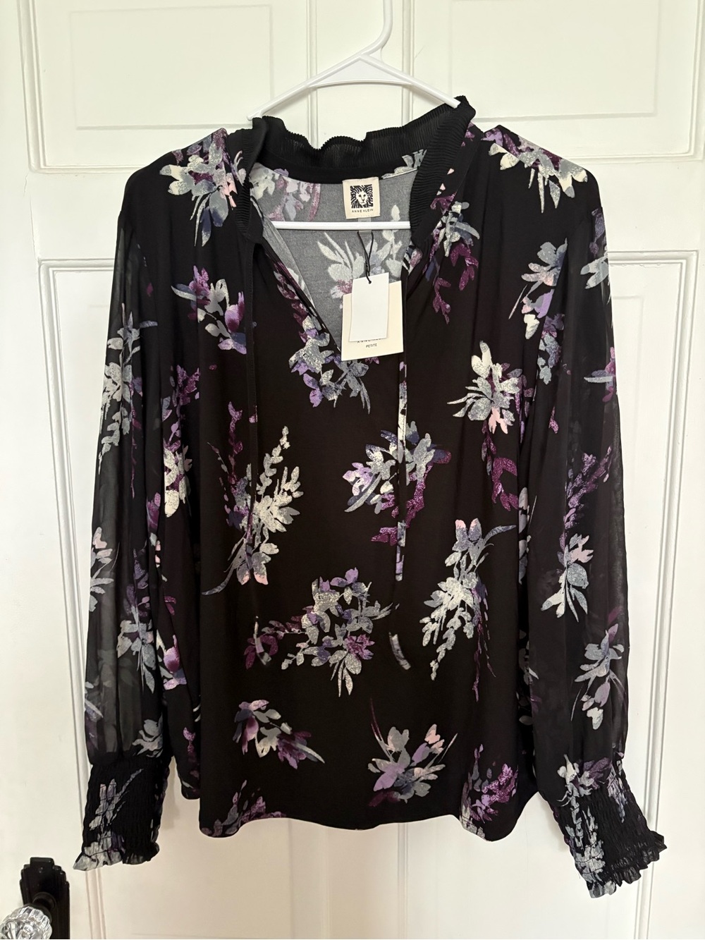 Anne Klein Black Sheer Floral V-Neck Blouse